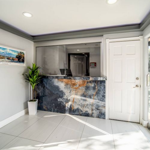 A sleek reception area with a marble desk, potted plant, wall art, and a glass door. Bright and modern design with natural light entering.