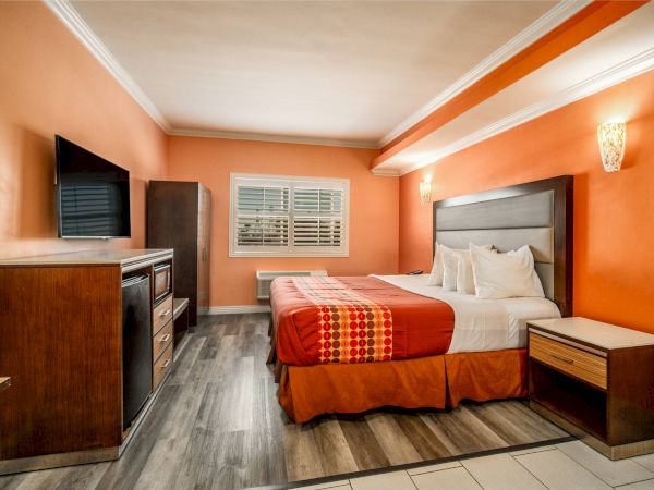 A hotel room with a double bed, TV, dresser, bedside tables, and orange walls. There's also a window with blinds and wood flooring.